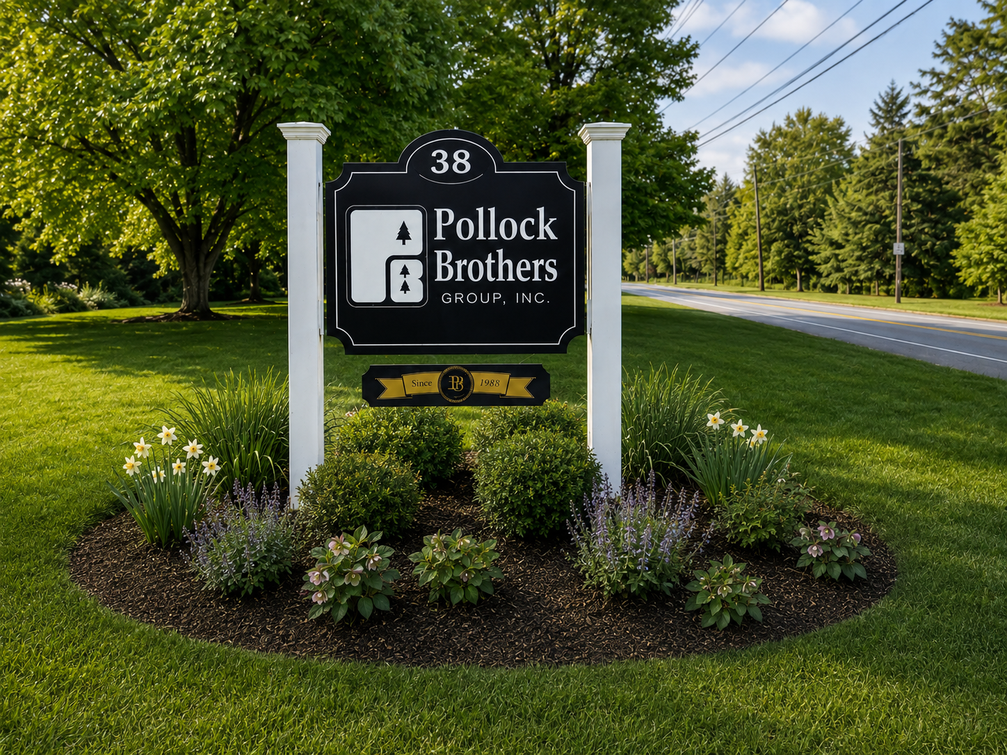 Pollock Brothers Group sign in landscaped area.