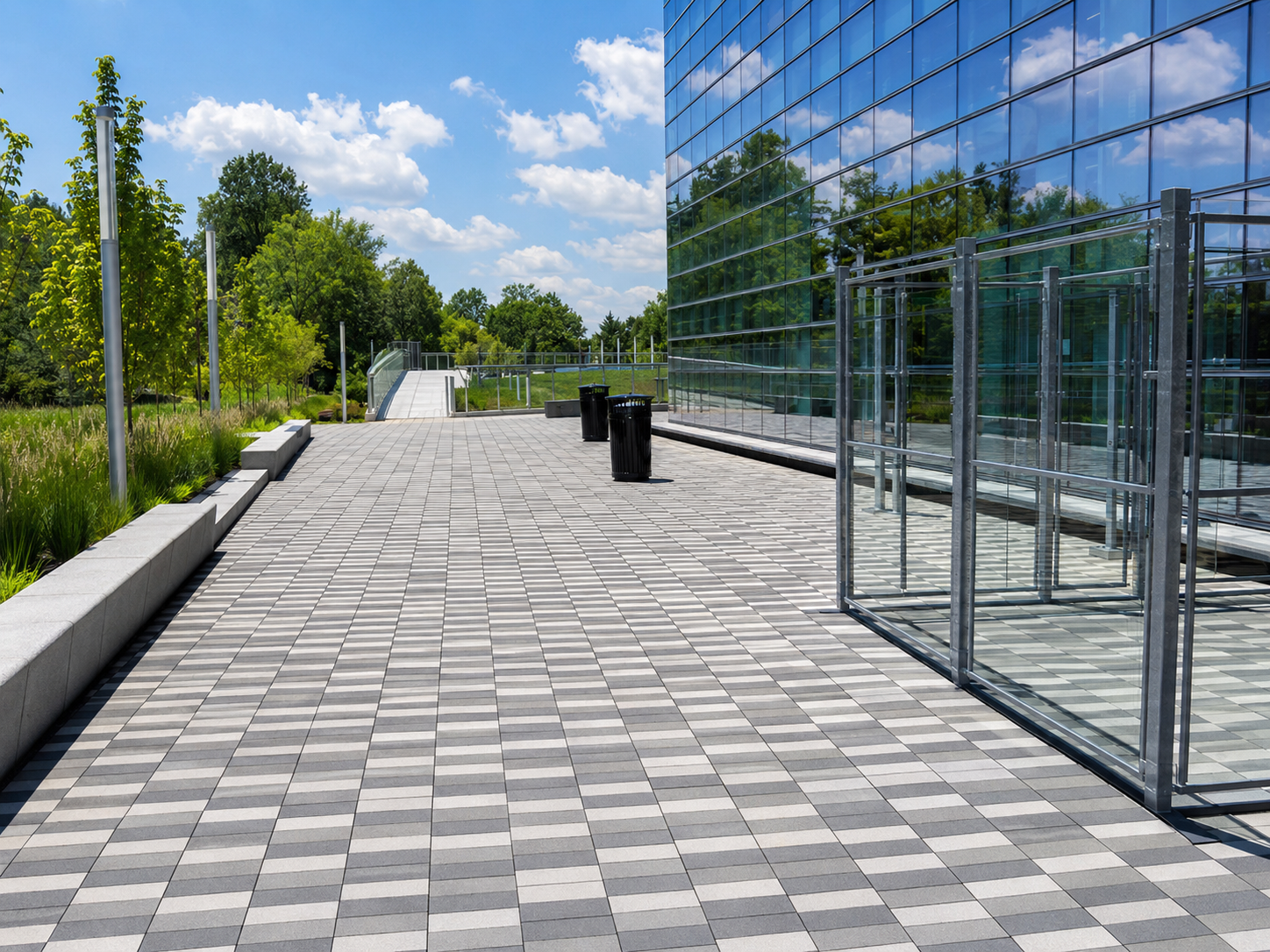 Modern building with glass walls and walkway