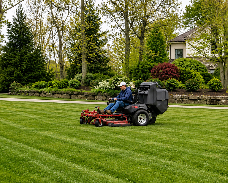 Lawn care worker on riding mower