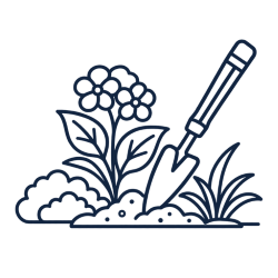 Gardening illustration with shovel and plants.