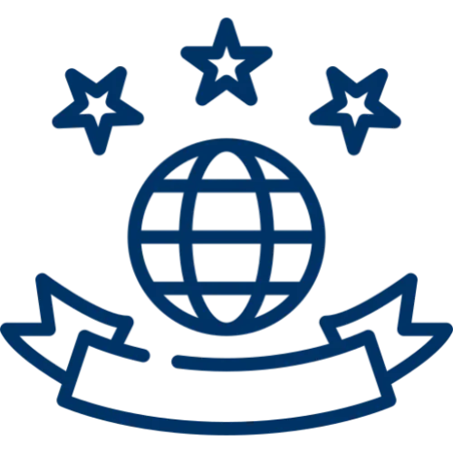 Globe with stars and a ribbon icon.