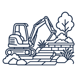 Excavator near steps and trees illustration.